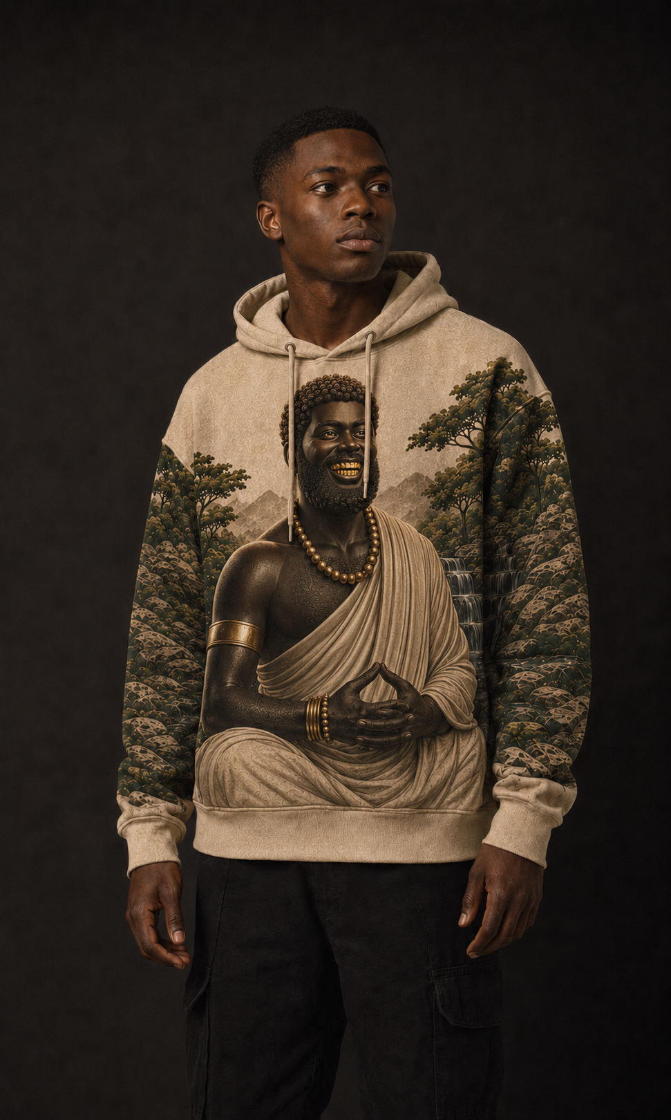 Black male model wearing the cream Black Buddha hoodie